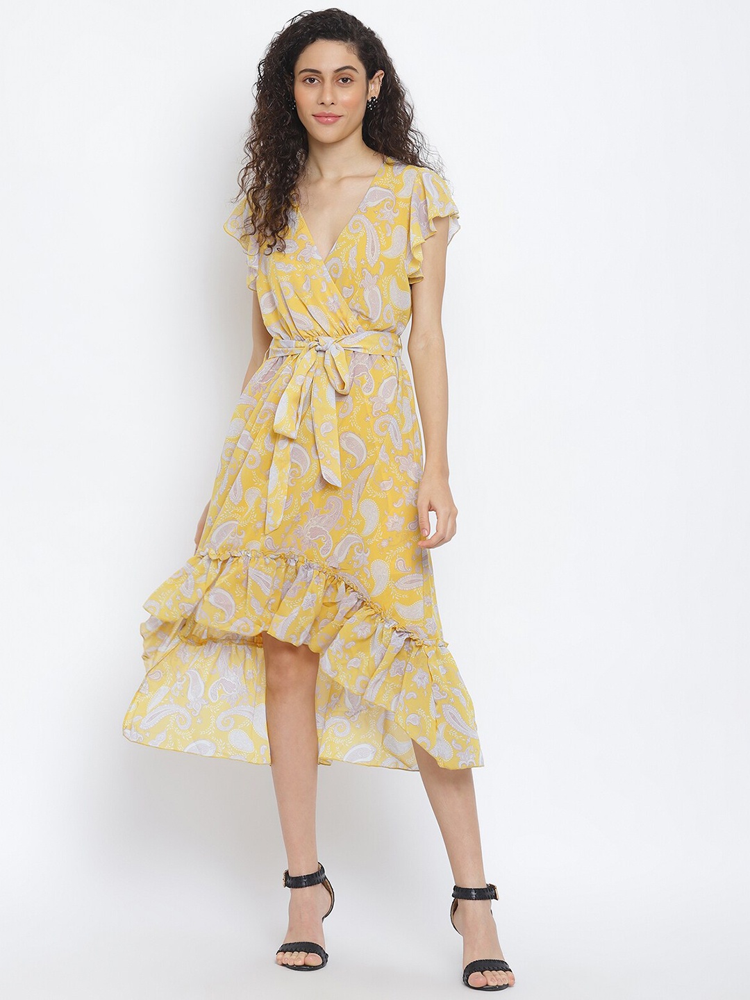 

R&B Paisley Printed Flutter Sleeve Cotton Wrap Midi Dress, Yellow