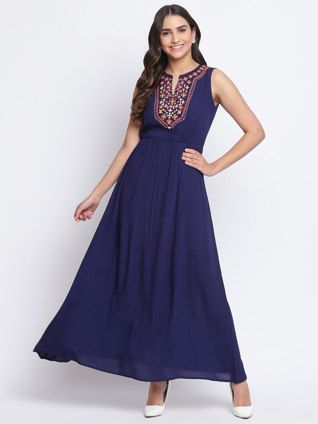 

R&B Navy Blue Embroidered Fit & Flare Cotton Dress