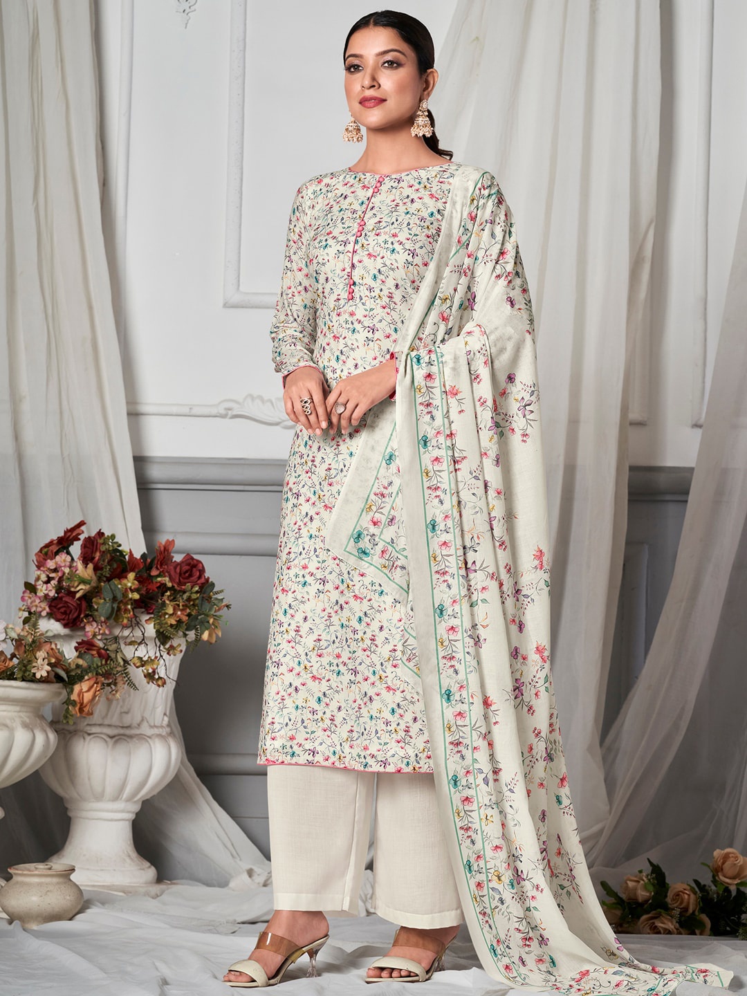 

Stylee LIFESTYLE Printed Pure Cotton Unstitched Dress Material, Off white