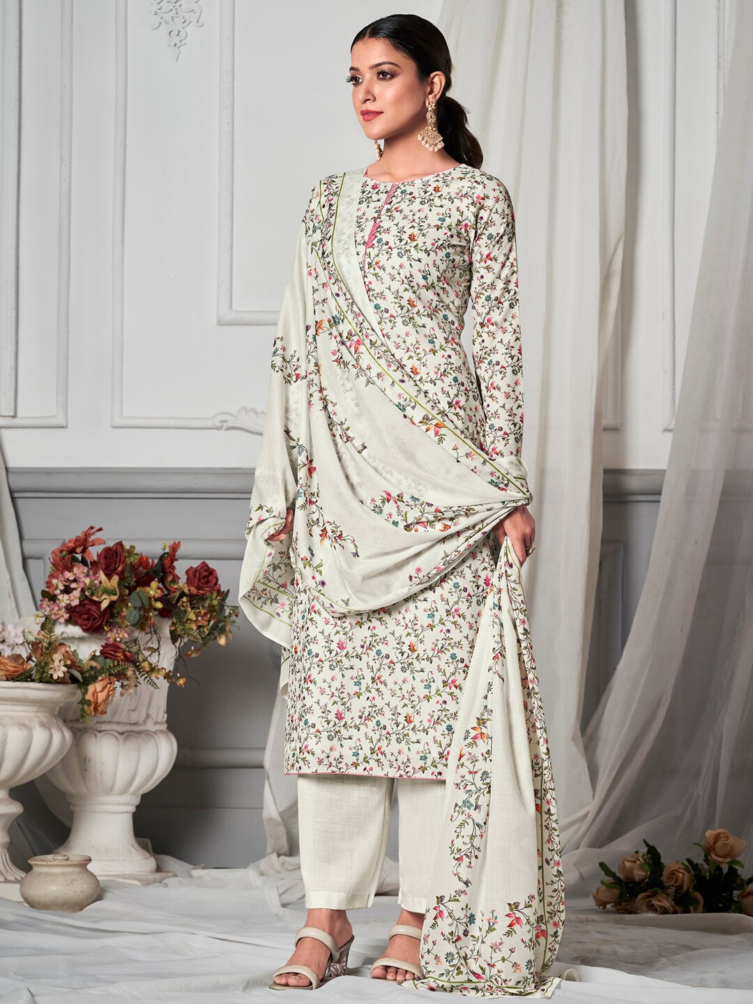 

Stylee LIFESTYLE Printed Pure Cotton Unstitched Dress Material, Off white