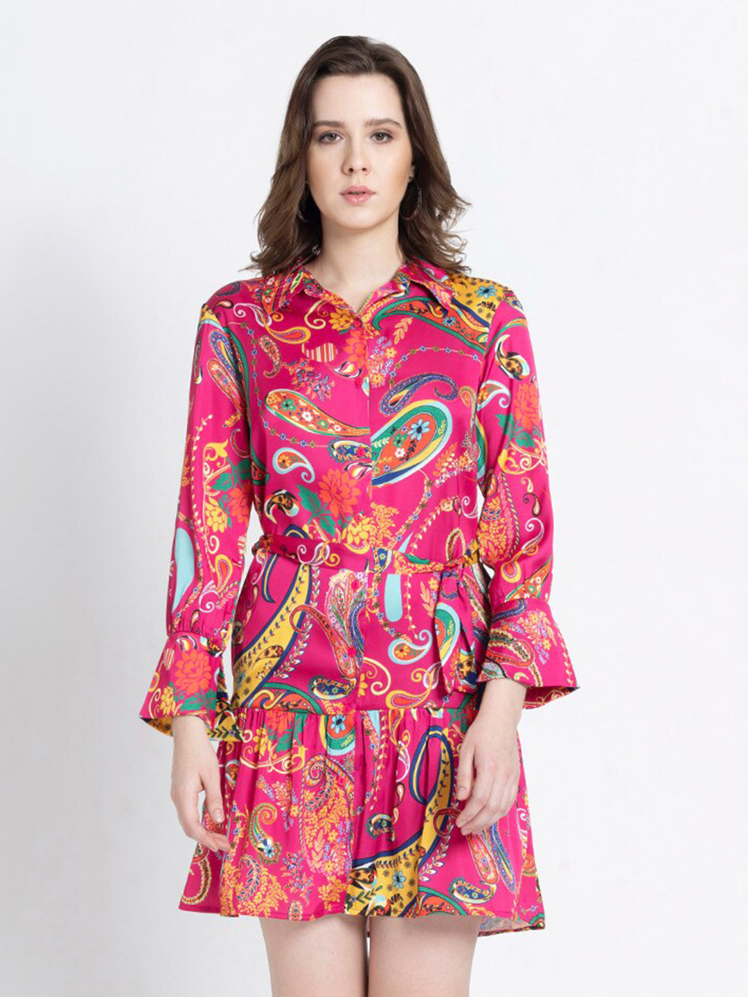 

SHAYE Ethnic Motifs Printed Shirt Collar Tie-Ups Detailed Shirt Dress, Pink