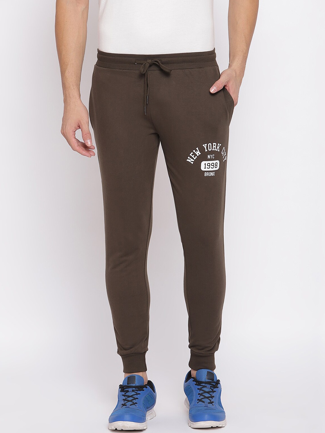

R&B Men Printed Detail Relaxed Fit Cotton Joggers, Olive