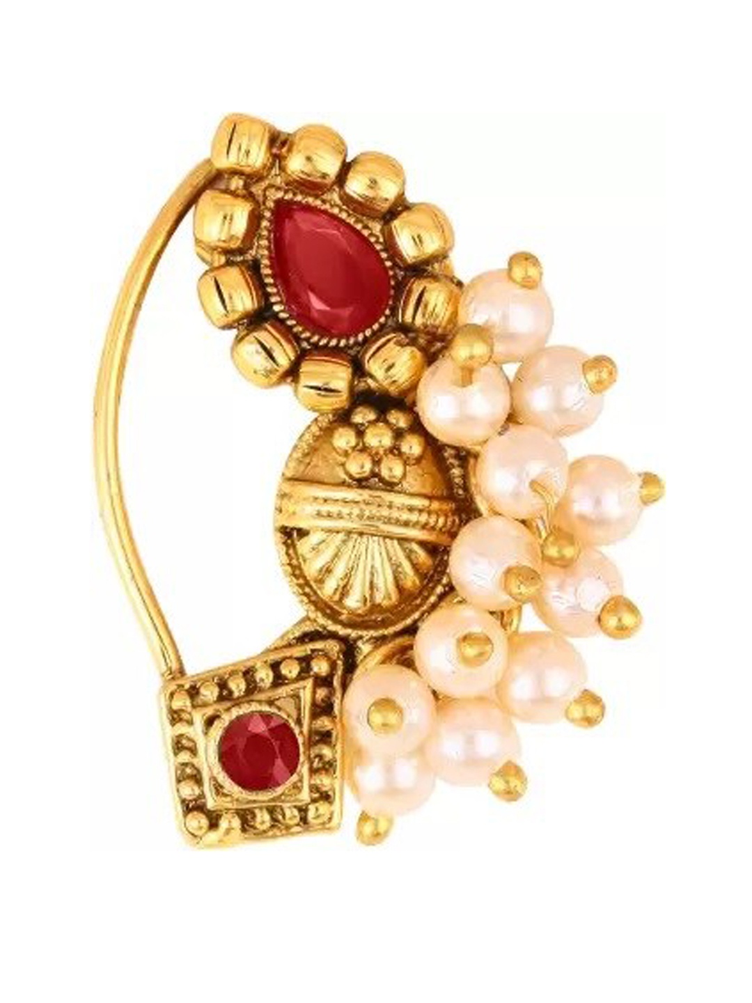 

Vighnaharta Gold-Plated Stone-Studded & Pearl beaded Nosepin