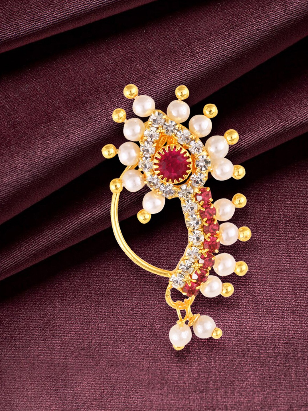 

Vighnaharta Gold-Plated CZ-Studded & Pearl Beaded Nosepin