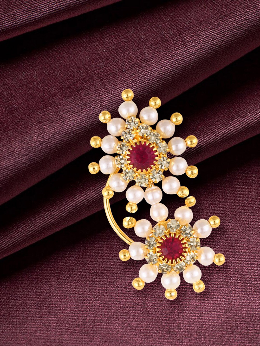 

Vighnaharta Gold-Plated CZ-Studded & Pearl Beaded Nosepin