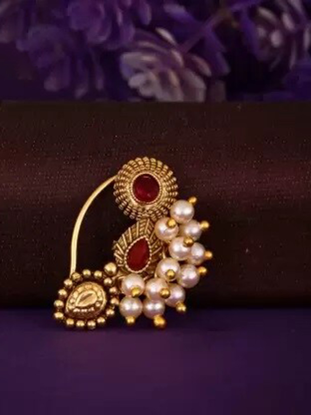 

Vighnaharta Gold-Plated Stone-Studded & Pearl beaded Nosepin
