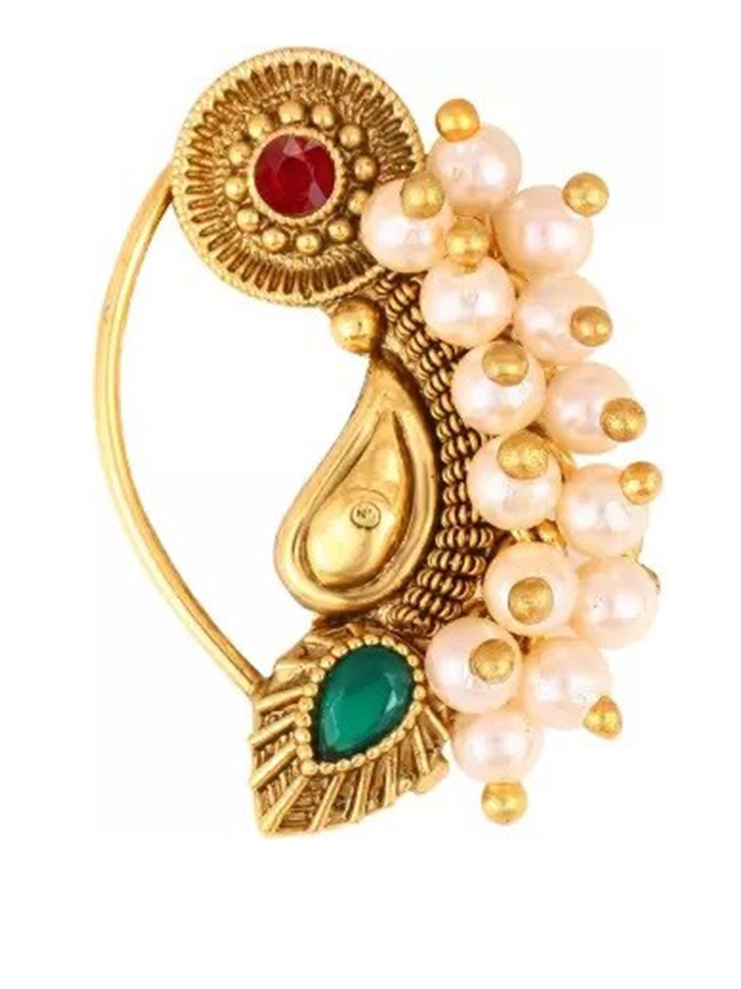 

Vighnaharta Gold-Plated Stone-Studded & Pearl beaded Nosepin