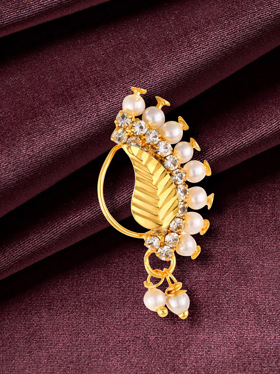 

Vighnaharta Gold-Plated CZ-Studded & Pearl Beaded Nosepin