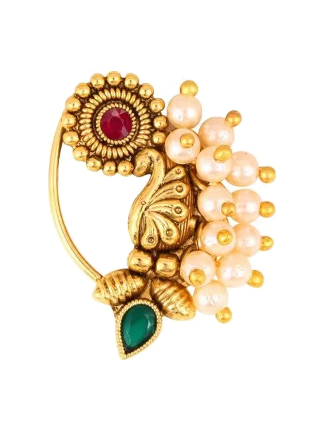 

Vighnaharta Gold-Plated Stone-Studded & Pearl beaded Nosepin