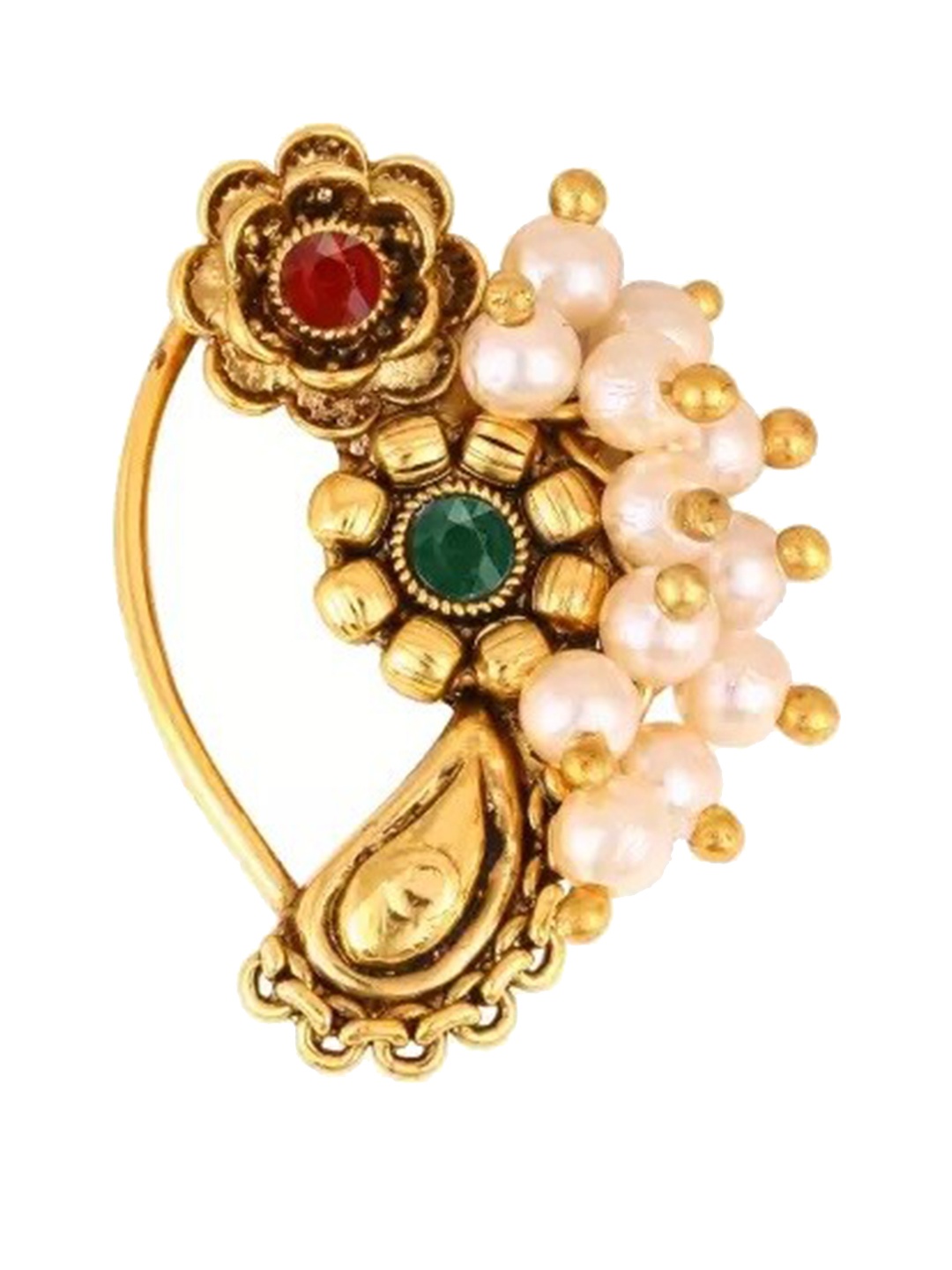 

Vighnaharta Gold-Plated Stone-Studded & Pearl beaded Nosepin