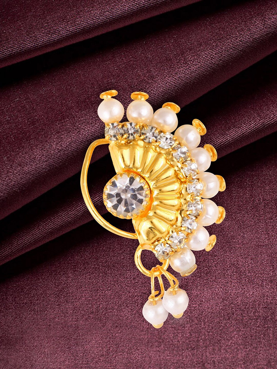 

Vighnaharta Gold-Plated CZ-Studded & Pearl Beaded Nosepin