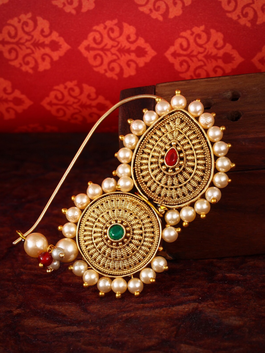 

Vighnaharta Gold-Plated Stone-Studded & Pearl Beaded Nosepin