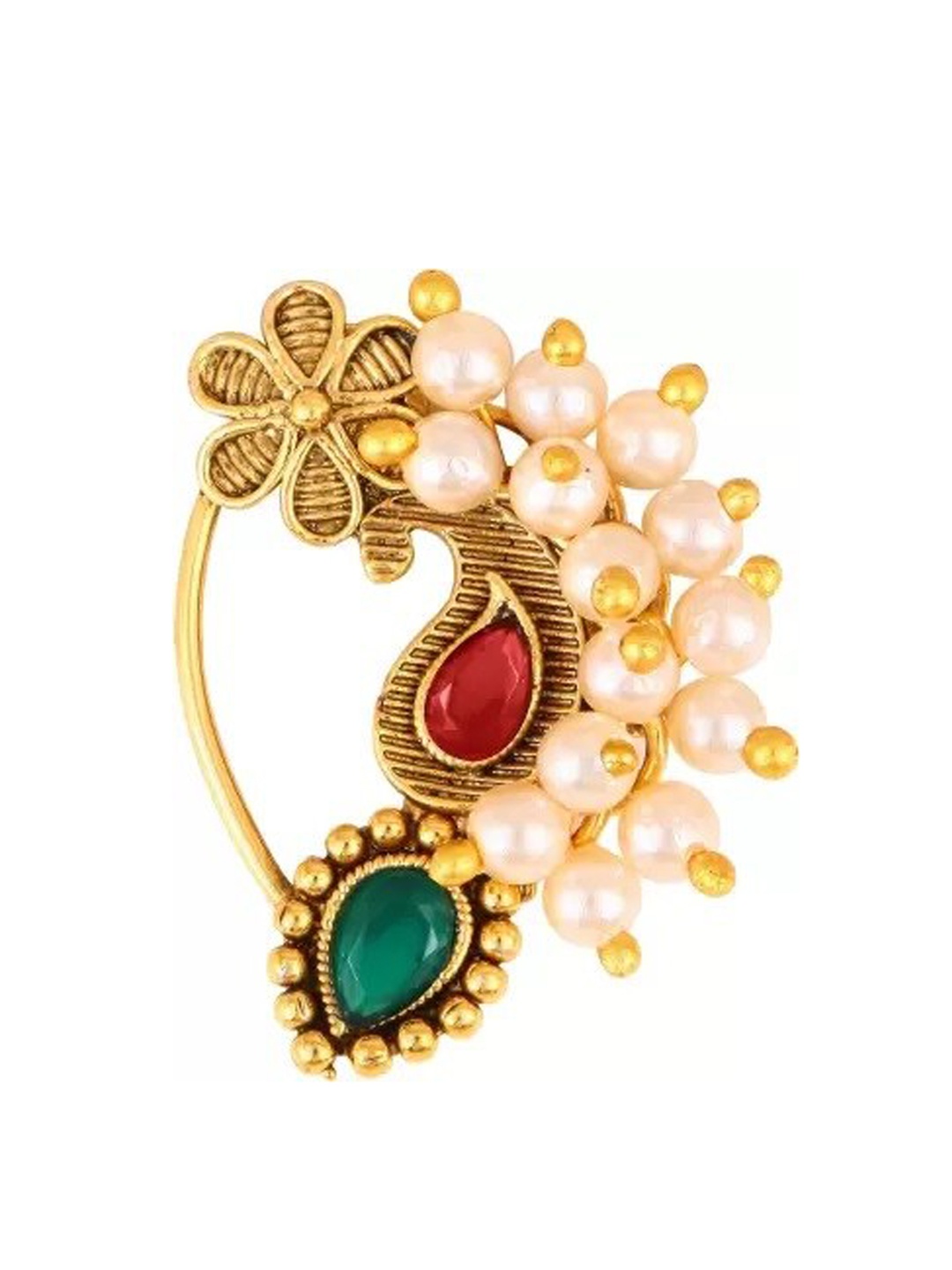 

Vighnaharta Gold-Plated Stone-Studded & Pearl beaded Nosepin