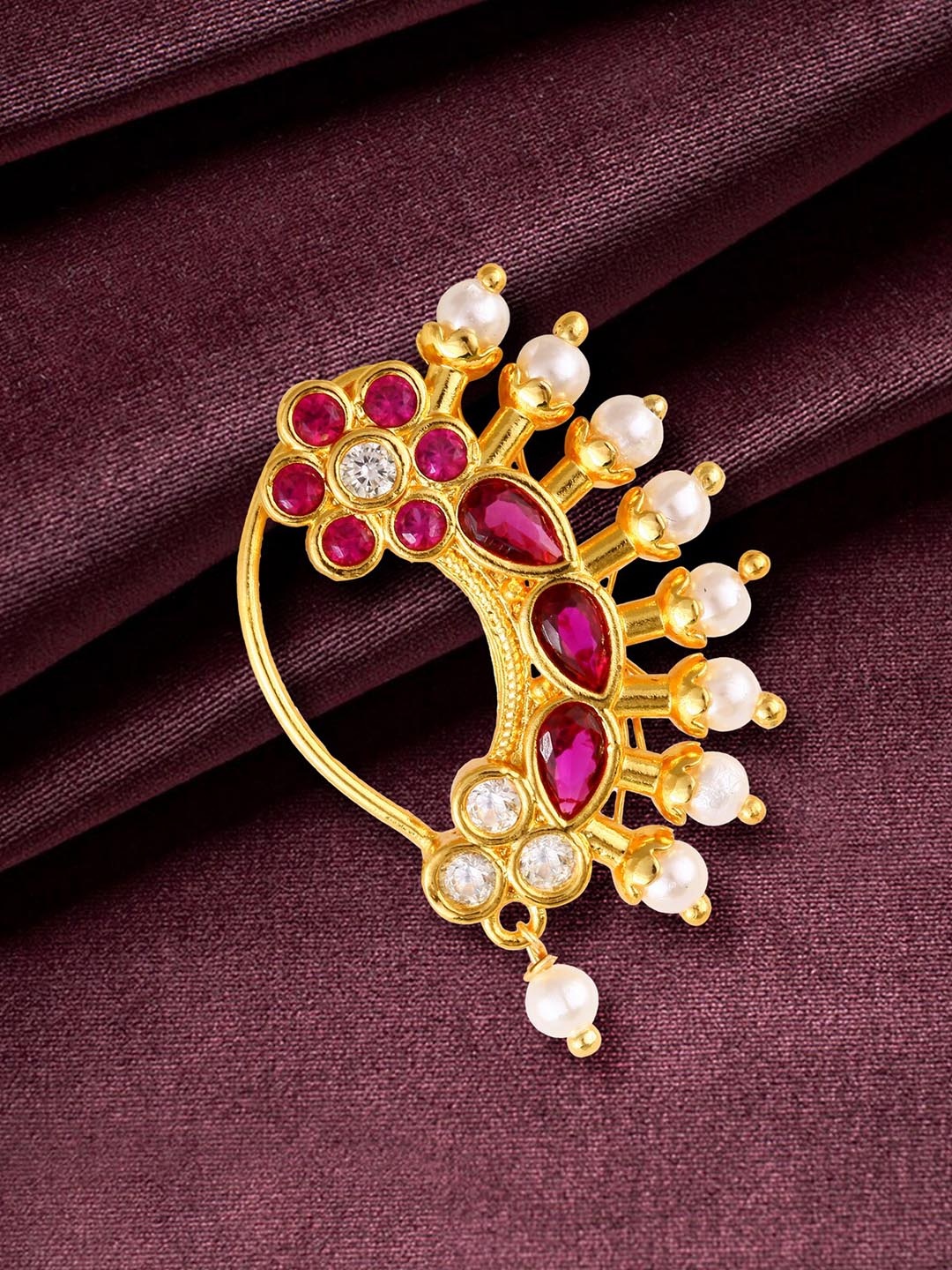 

Vighnaharta Gold-Plated CZ-Studded & Pearl Beaded Nosepin