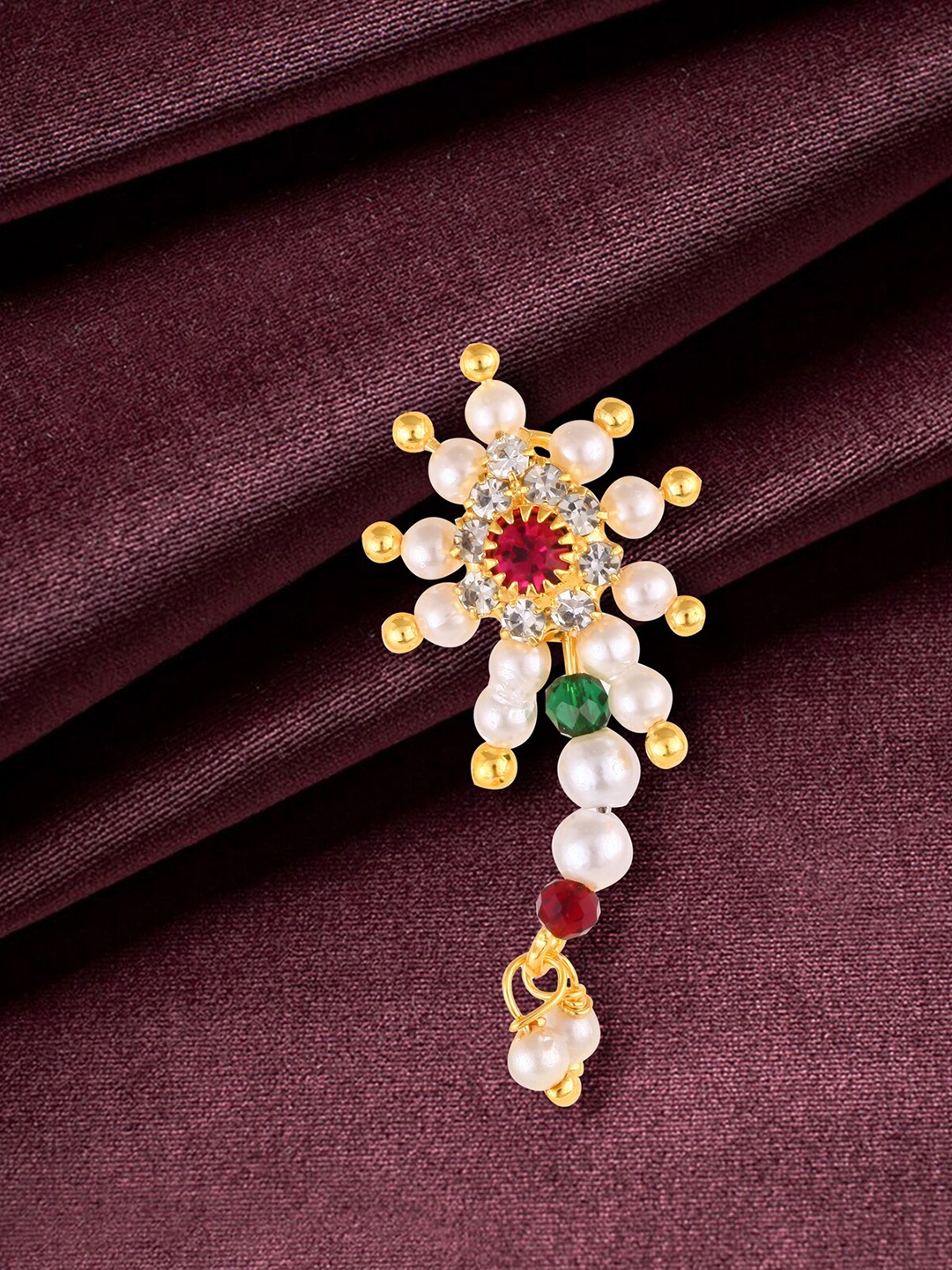 

Vighnaharta Gold-Plated CZ-Studded & Pearl Beaded Nosepin