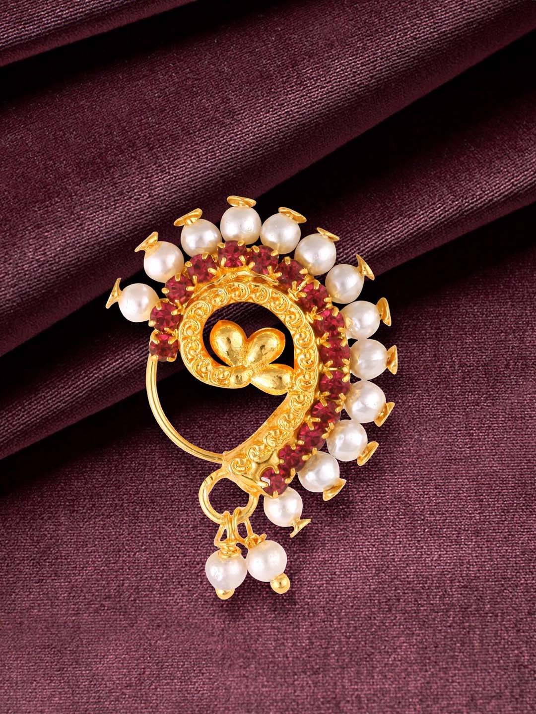 

Vighnaharta Gold-Plated CZ-Studded & Pearl Beaded Nosepin