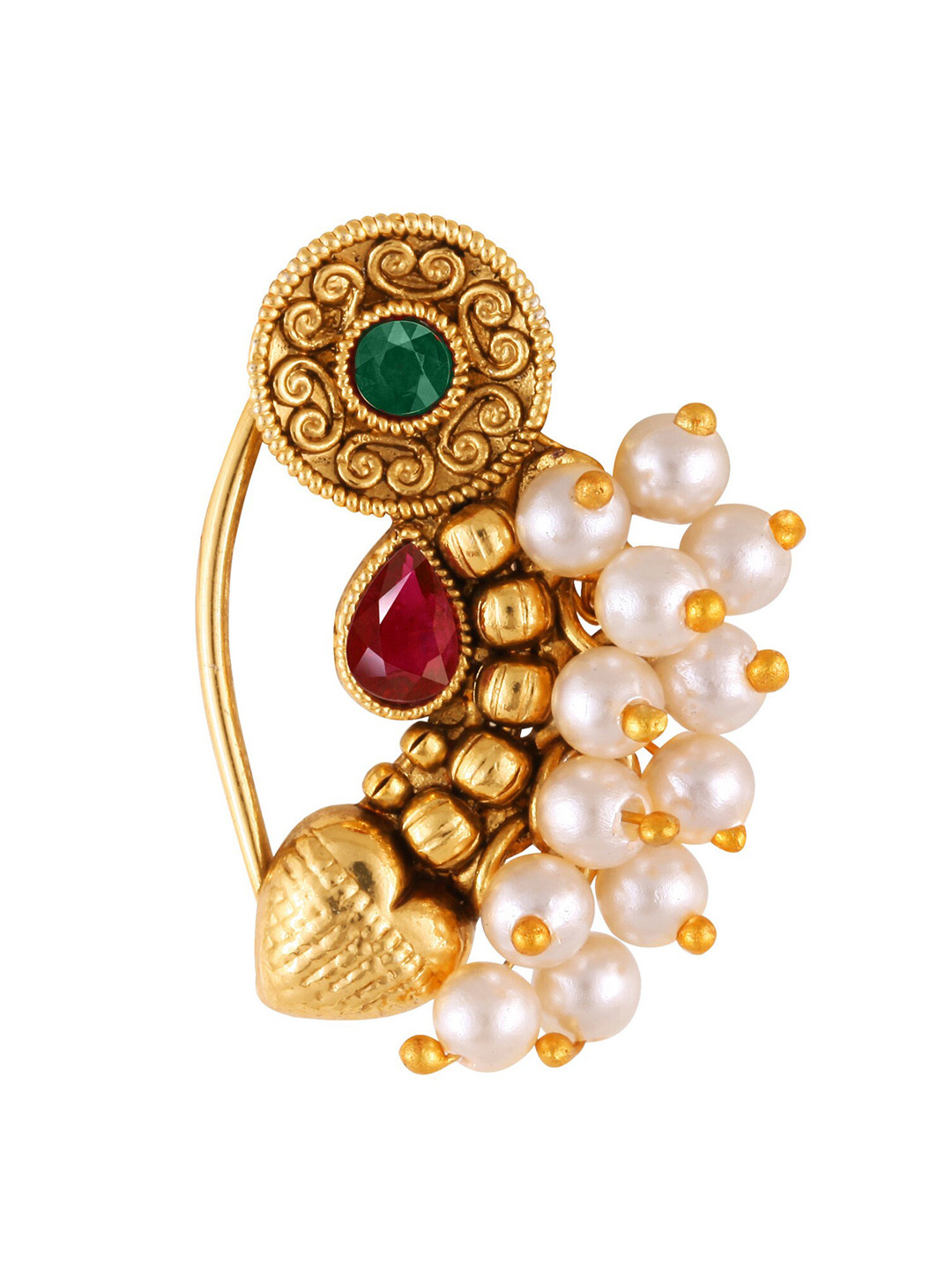 

Vighnaharta Gold-Plated Stone-Studded & Pearl beaded Nosepin