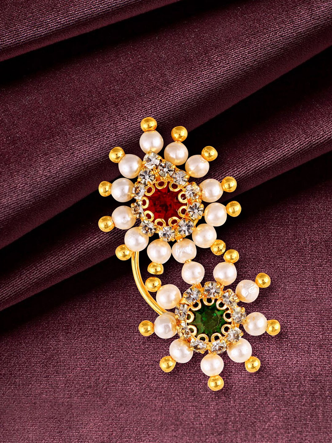 

Vighnaharta Gold-Plated Stone-Studded & Pearl Beaded Maharashtrian Nosepin