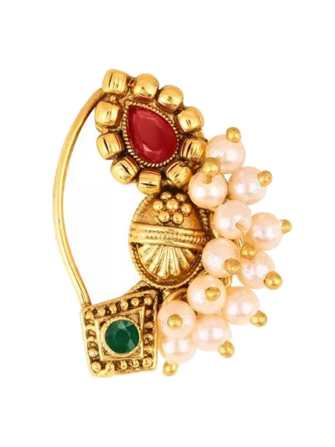 

Vighnaharta Gold-Plated Stone-Studded & Pearl beaded Nosepin