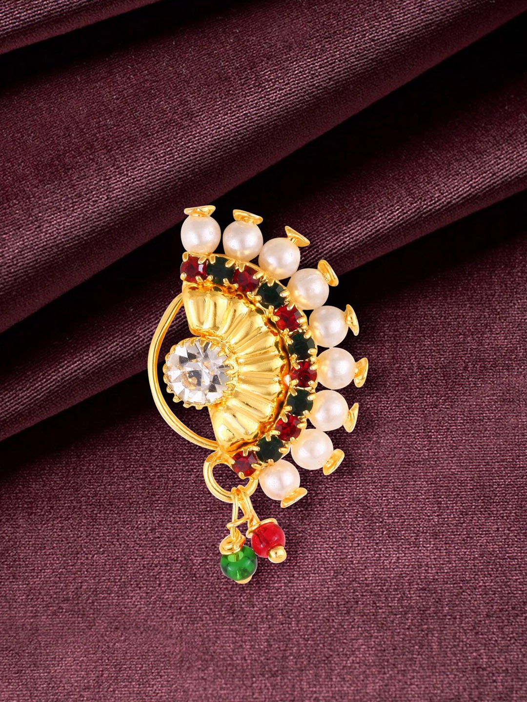 

Vighnaharta Gold-Plated CZ-Studded & Pearl Beaded Nosepin