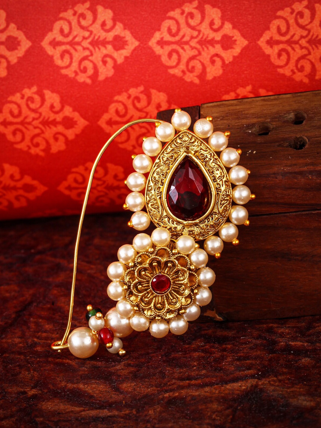 

Vighnaharta Gold-Plated Stone-Studded & Pearl Beaded Nosepin