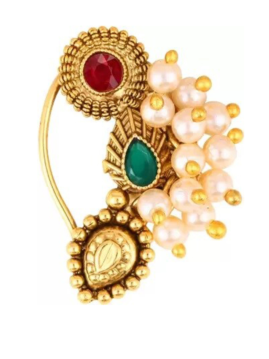 

Vighnaharta Gold-Plated Stone-Studded & Pearl Beaded Nosepin