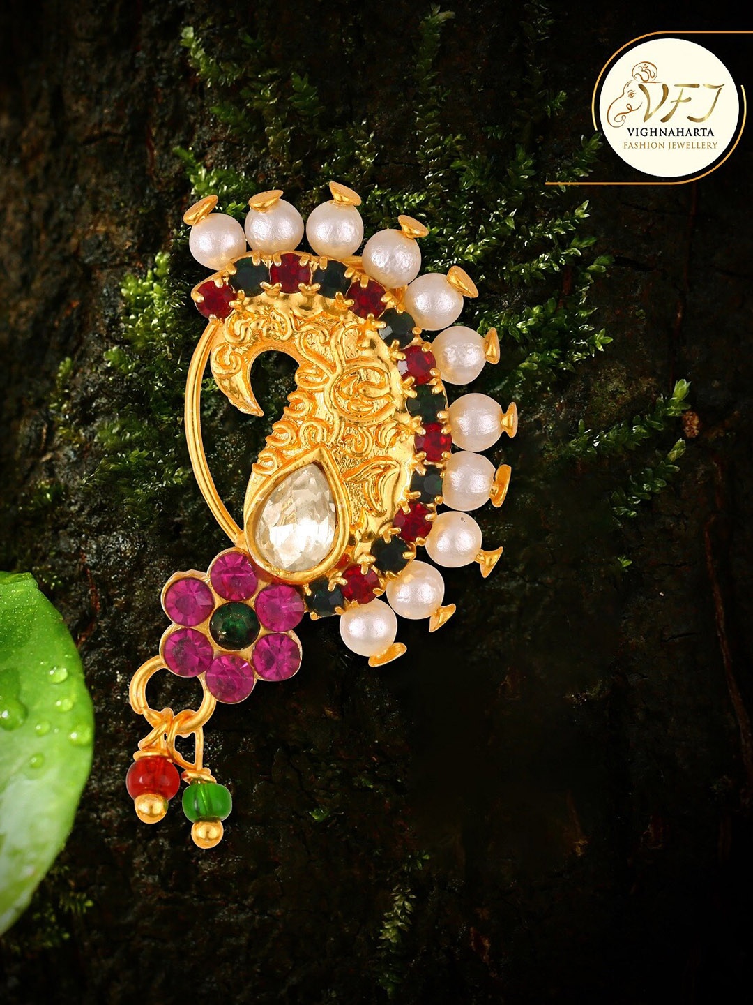 

Vighnaharta Gold-Plated Stone-Studded & Pearl beaded Nosepin