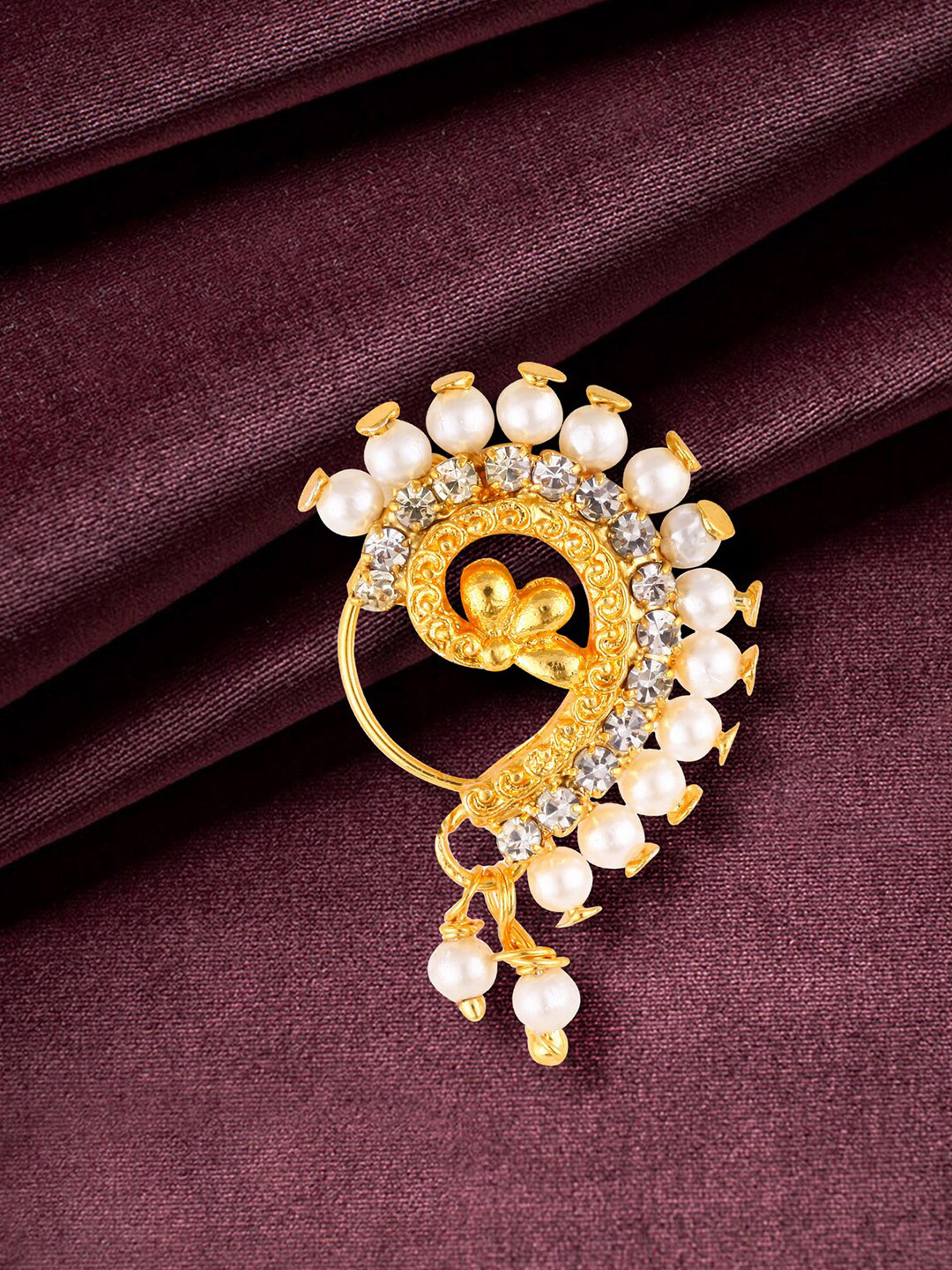 

Vighnaharta Gold Plated & Pearl CZ NonPiercing Maharashtrian Nath, White