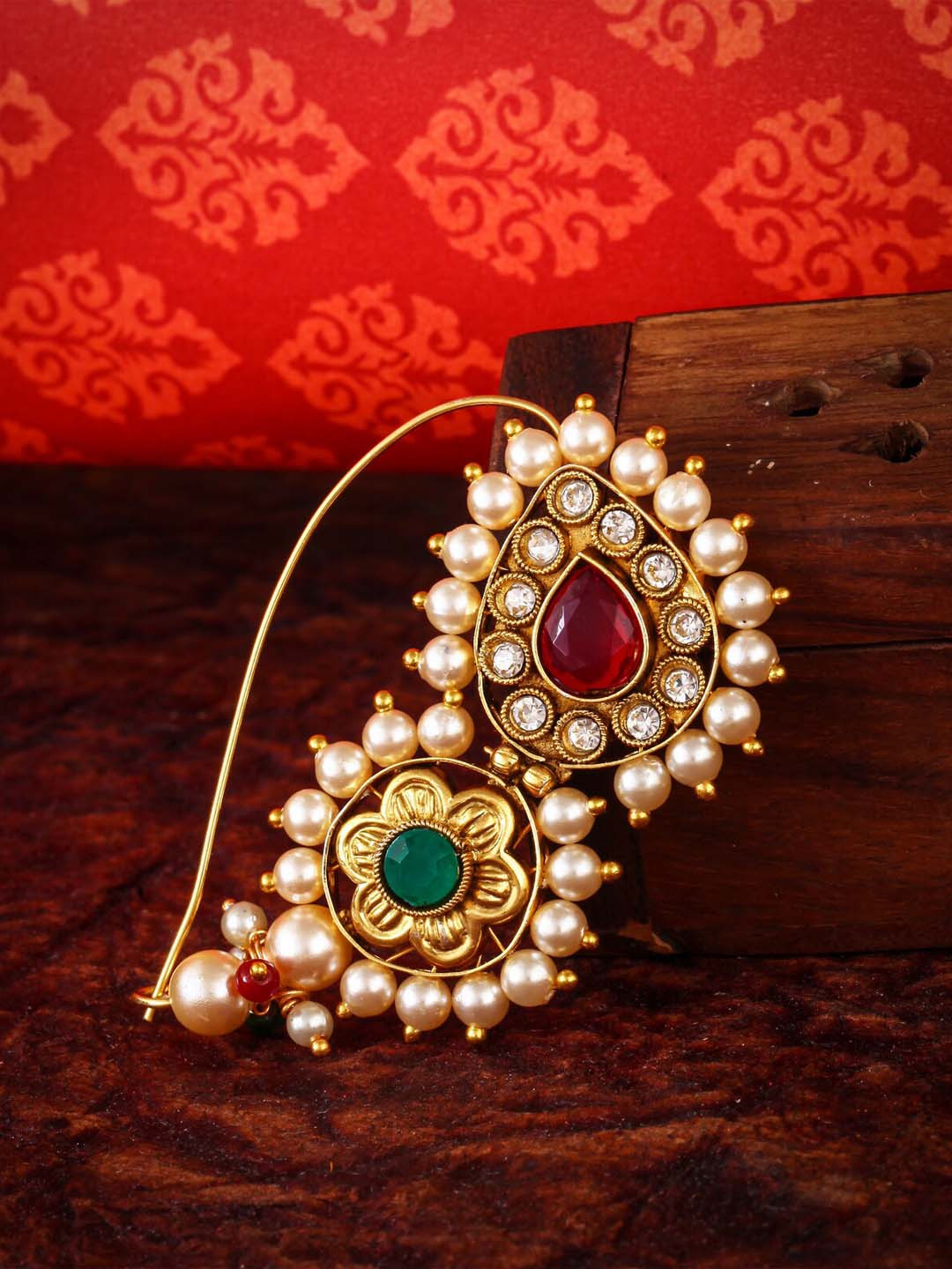 

Vighnaharta Gold-Plated Stone-Studded & Pearl Beaded Press On Maharashtrian Nosepin