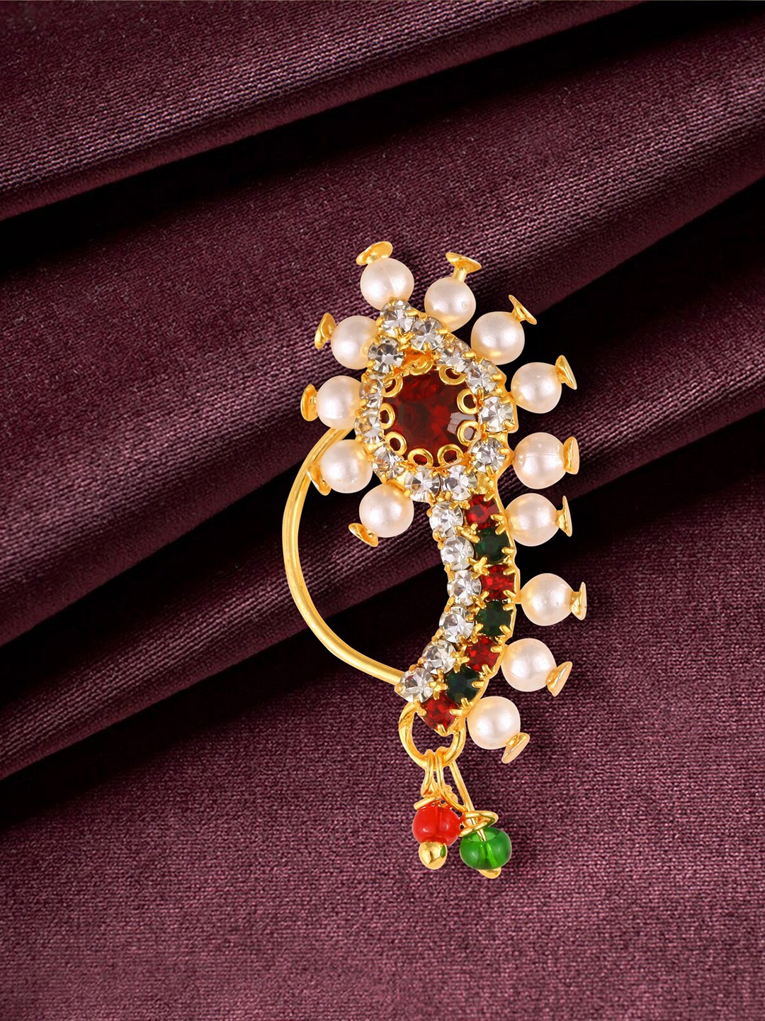 

Vighnaharta Gold-Plated CZ-Studded & Pearl Beaded Nosepin