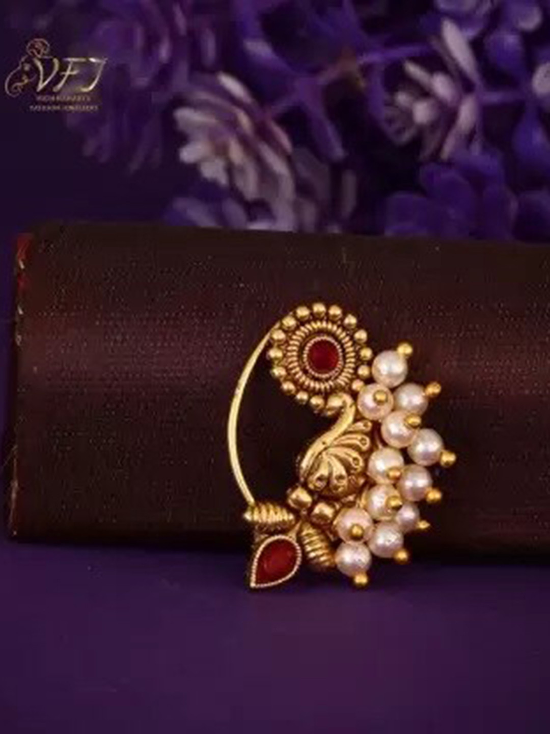 

Vighnaharta Gold-Plated Stone-Studded & Pearl beaded Nosepin