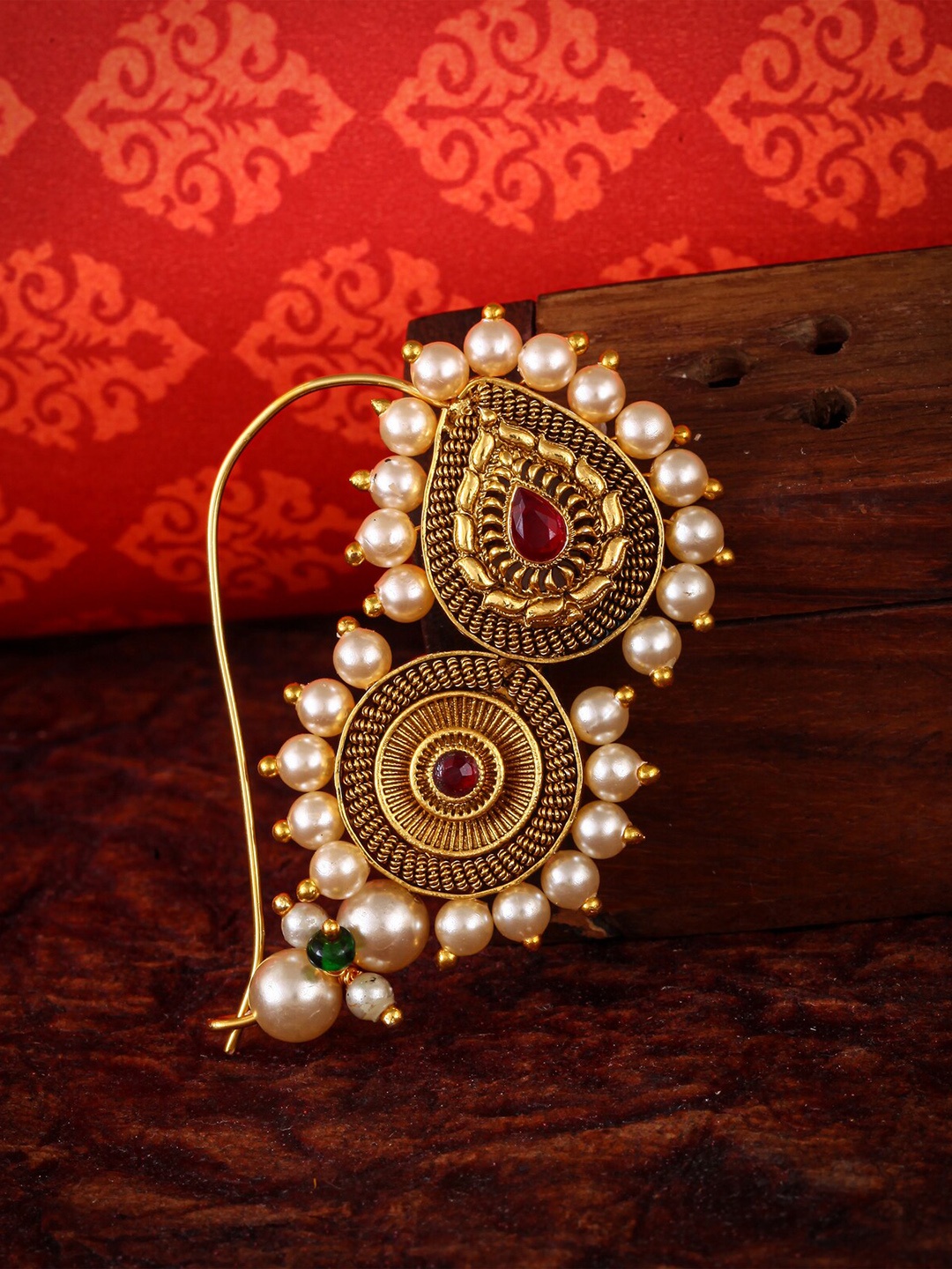 

Vighnaharta Gold-Plated Red Stone & Pearl -Studded Maharshtrian Nosepin