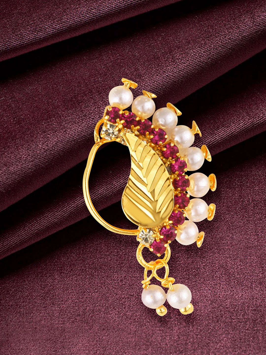 

Vighnaharta Gold-Plated CZ-Studded & Pearl Beaded Nosepin