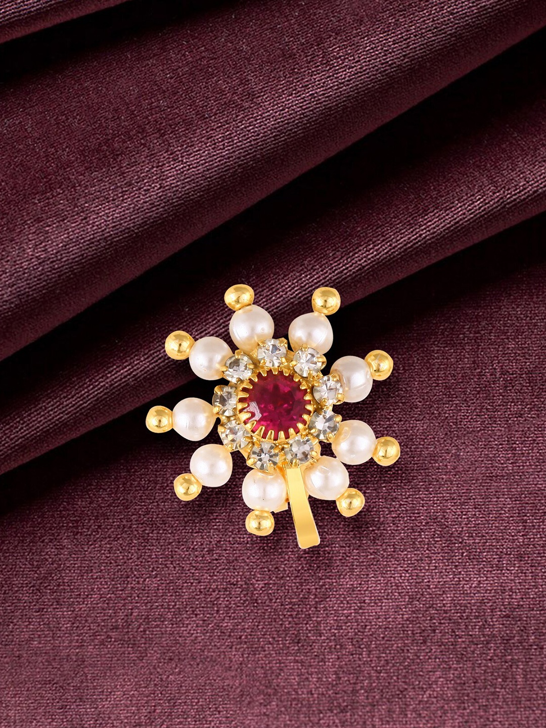 

Vighnaharta Gold Plated & Pearl CZ Nosepin, Red