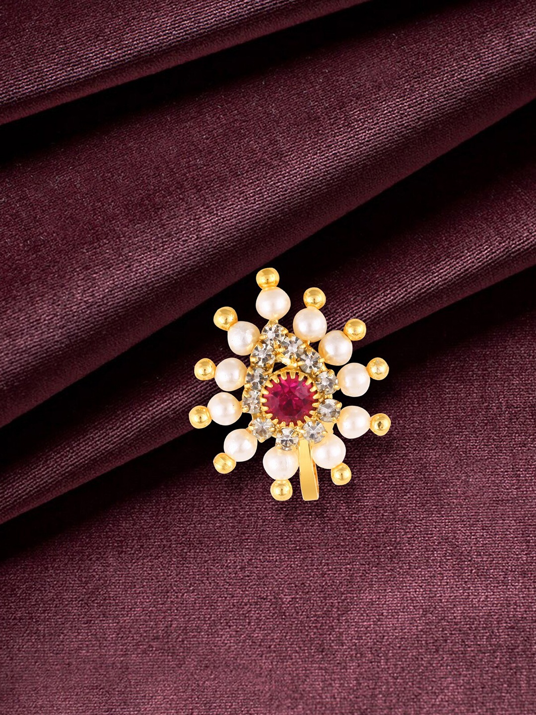 

Vighnaharta Gold-Plated CZ-Studded & Pearl Beaded Nosepin