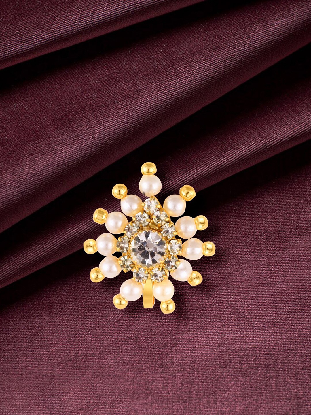 

Vighnaharta Gold-Plated CZ-Studded & Pearl Beaded Nosepin