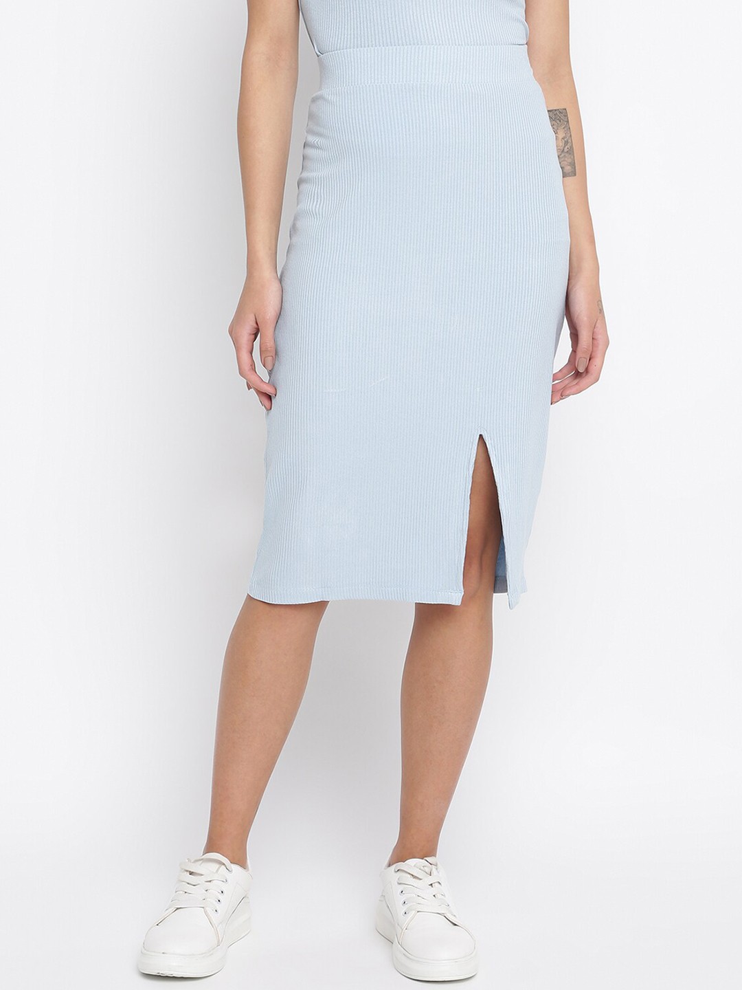 

R&B Striped Knee Length Cotton Pencil Skirt, Blue