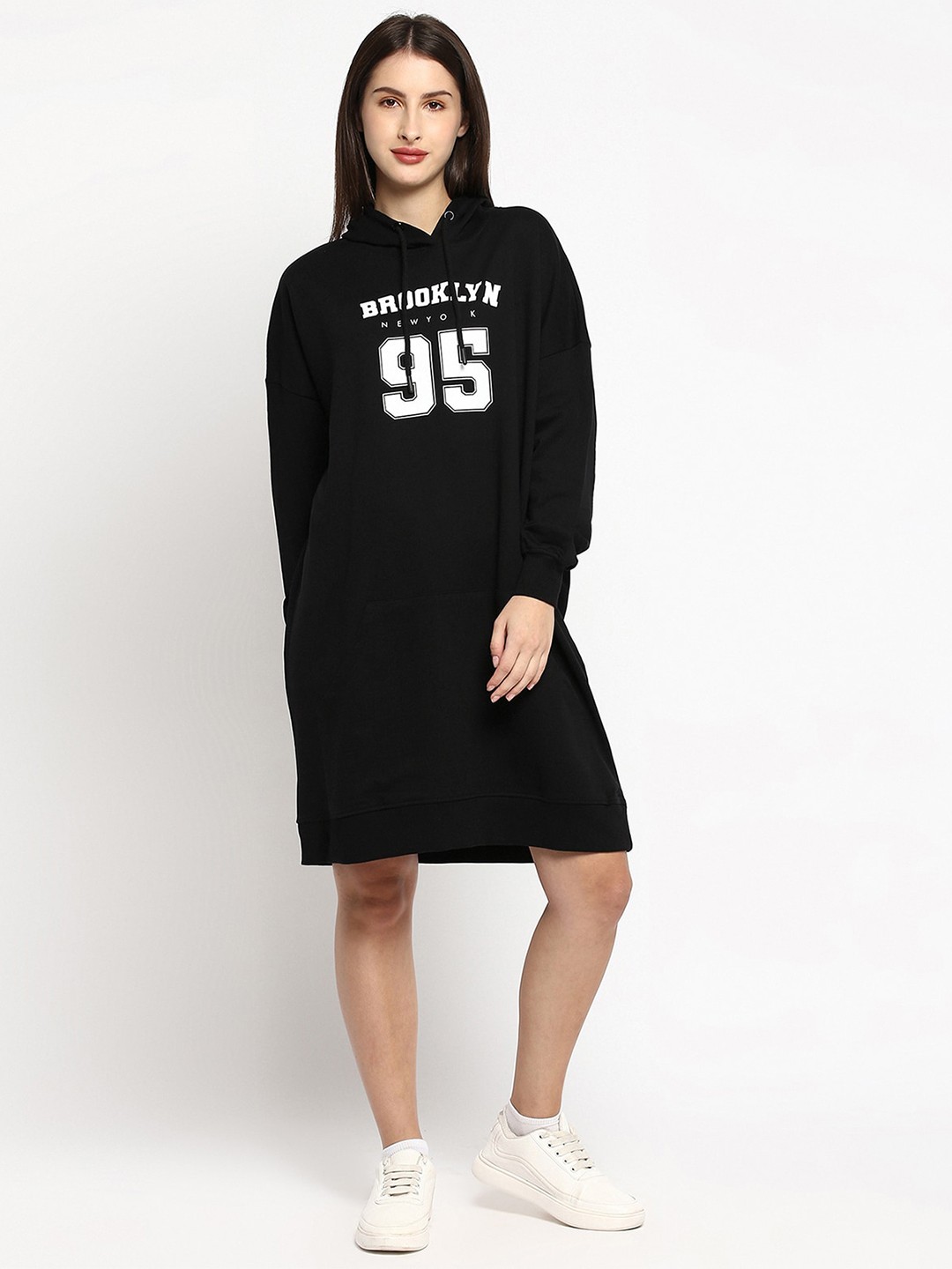 

R&B Typography Printed Cotton Hooded T-shirt Dress, Black
