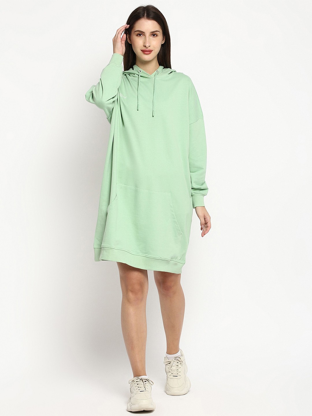 

R&B Women Cotton Hooded T-shirt Dress, Green