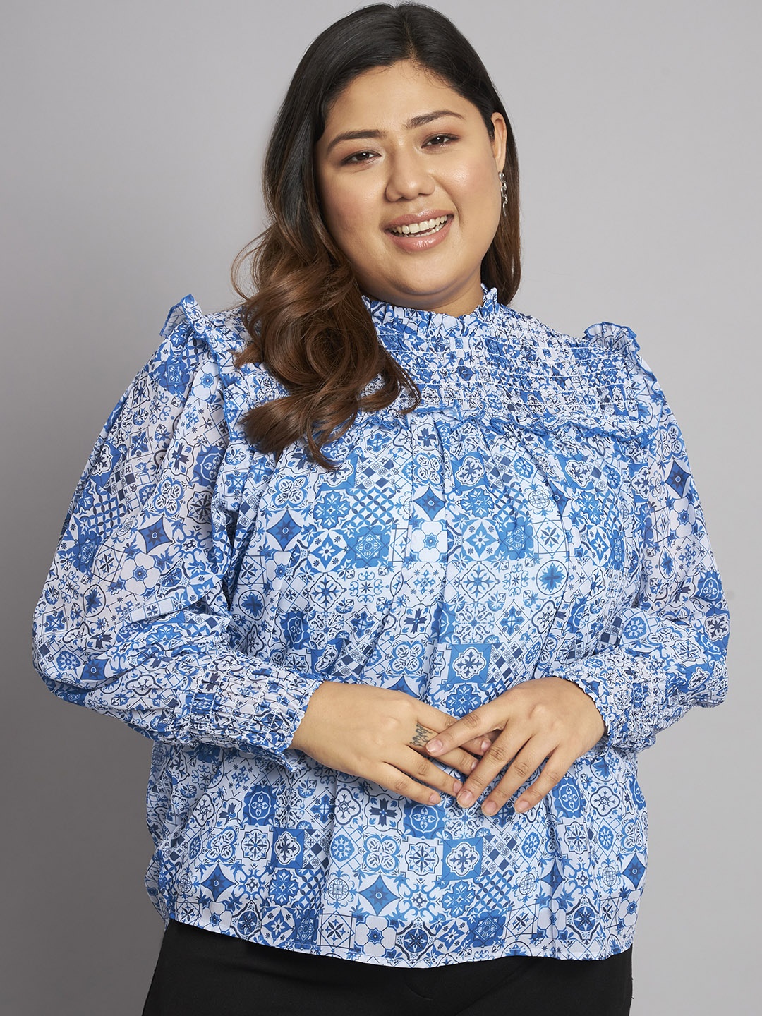 

BEYOUND SIZE - THE DRY STATE Ethnic Motifs Printed Georgette Blouson Top, Blue