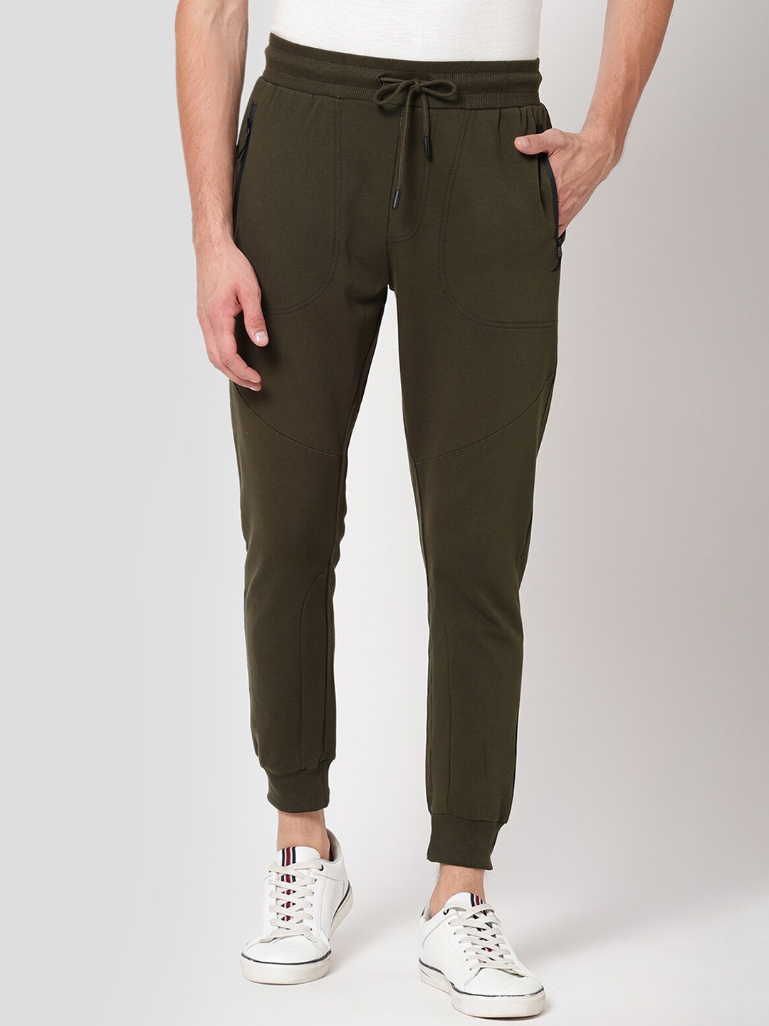 

R&B Men Mid Rise Cotton Joggers, Olive