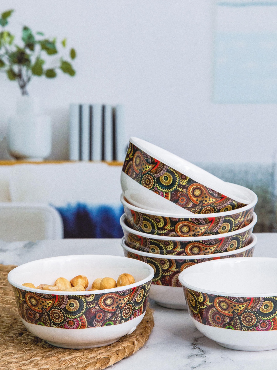 

Servewell Dora White & Brown 6 Pieces Ethnic Motifs Printed Melamine Glossy Bowls