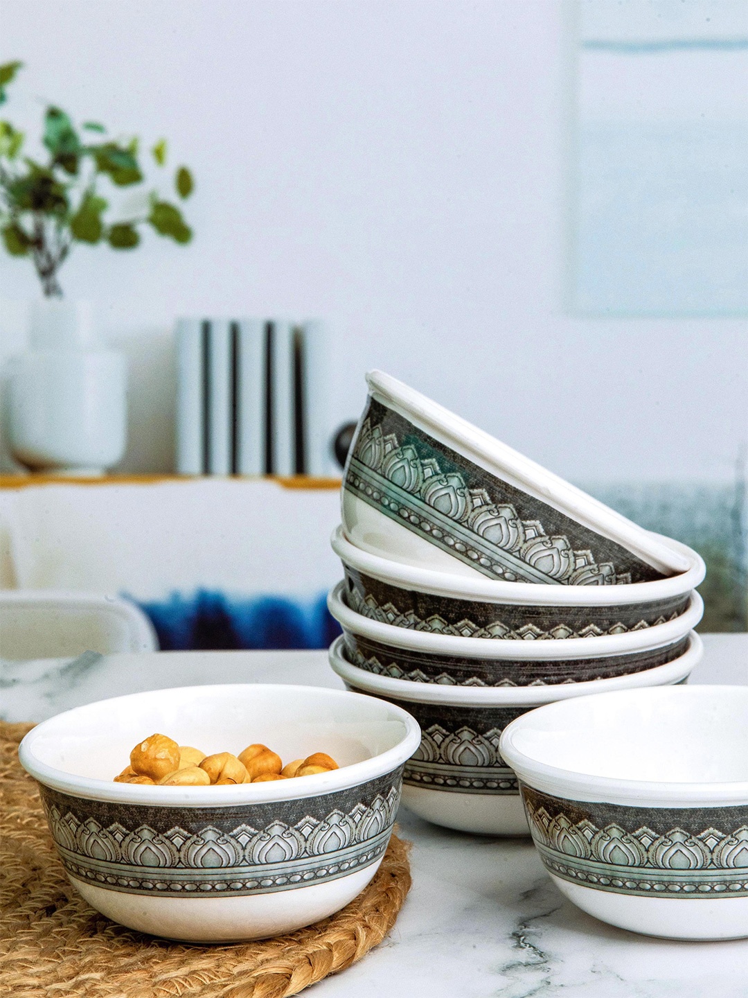 

Servewell White & Green 6 Pieces Ethnic Motifs Printed Melamine Glossy Bowls