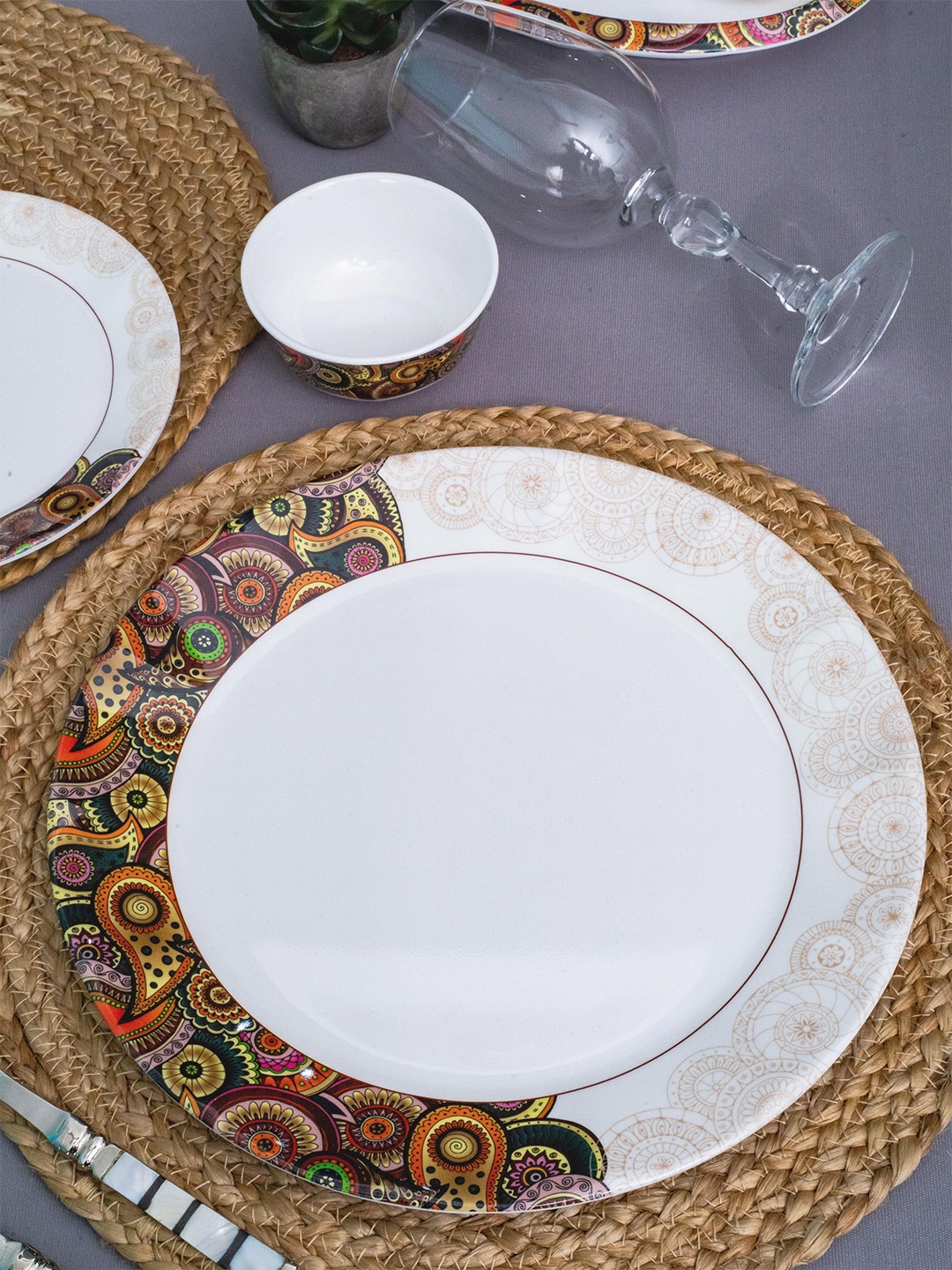 

Servewell White & Purple 12 Pieces Ethnic Motifs Printed Melamine Glossy Dinner Set