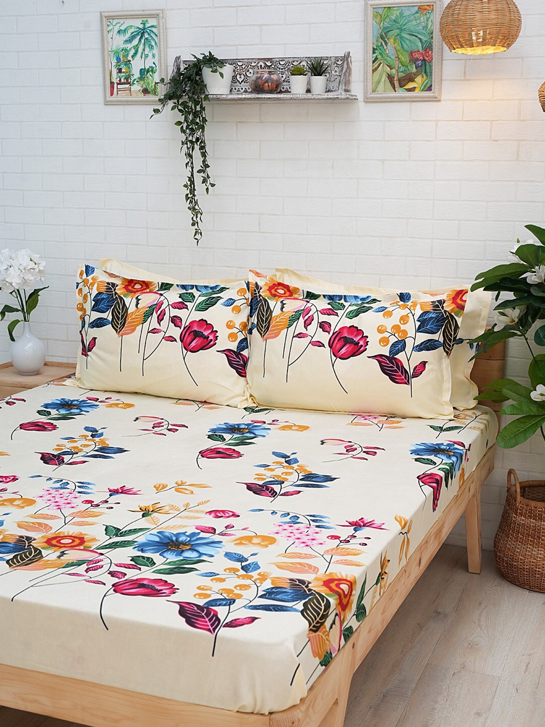 

Ariana Cream-Coloured & Blue Floral 120 TC Queen Bedsheet With 2 Pillow Covers