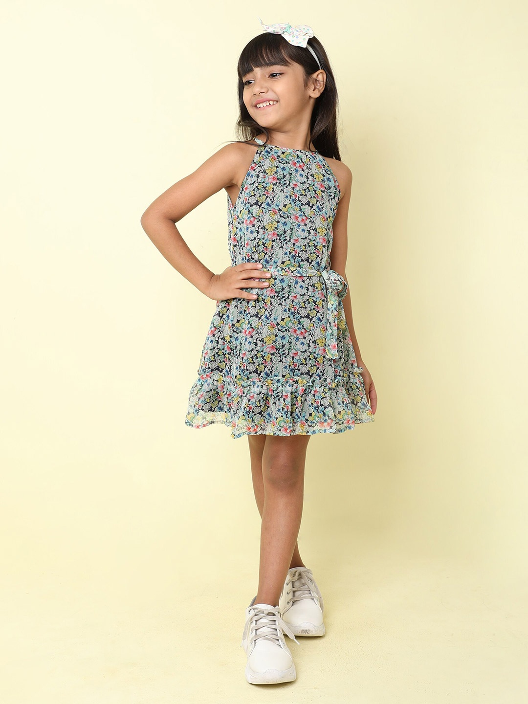 

taffykids Girls Floral Printed Halter Neck A-Line Dress, Navy blue