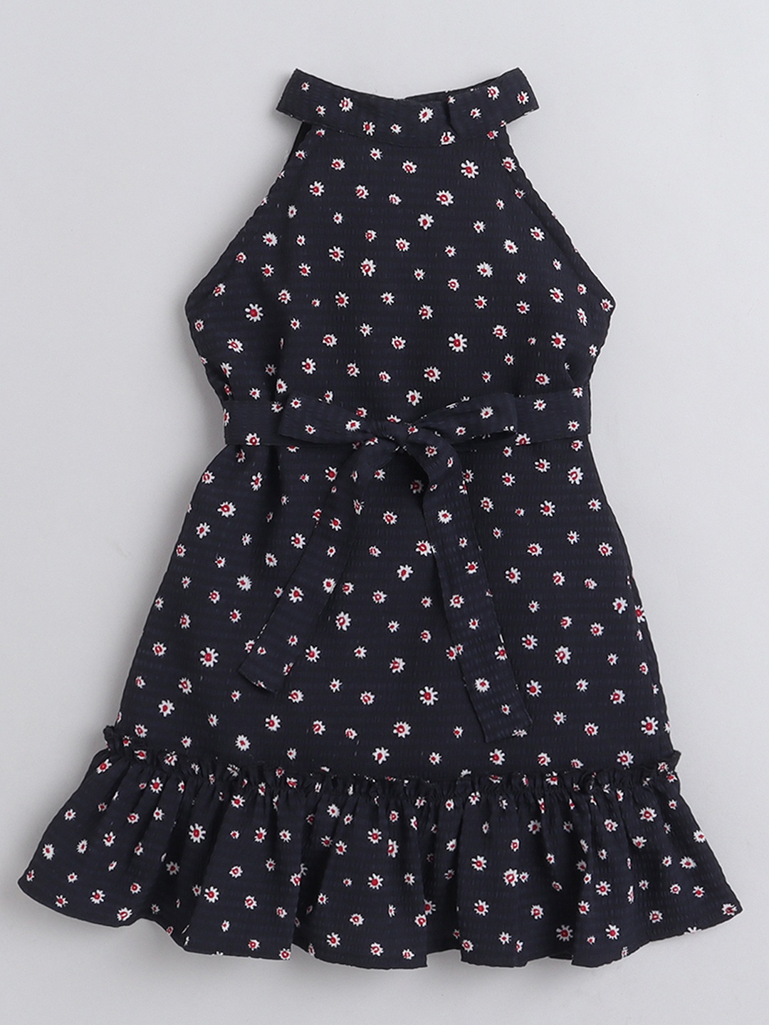 

taffykids Girls Floral Printed Belted Detailed Halter Neck A-Line Dress, Black
