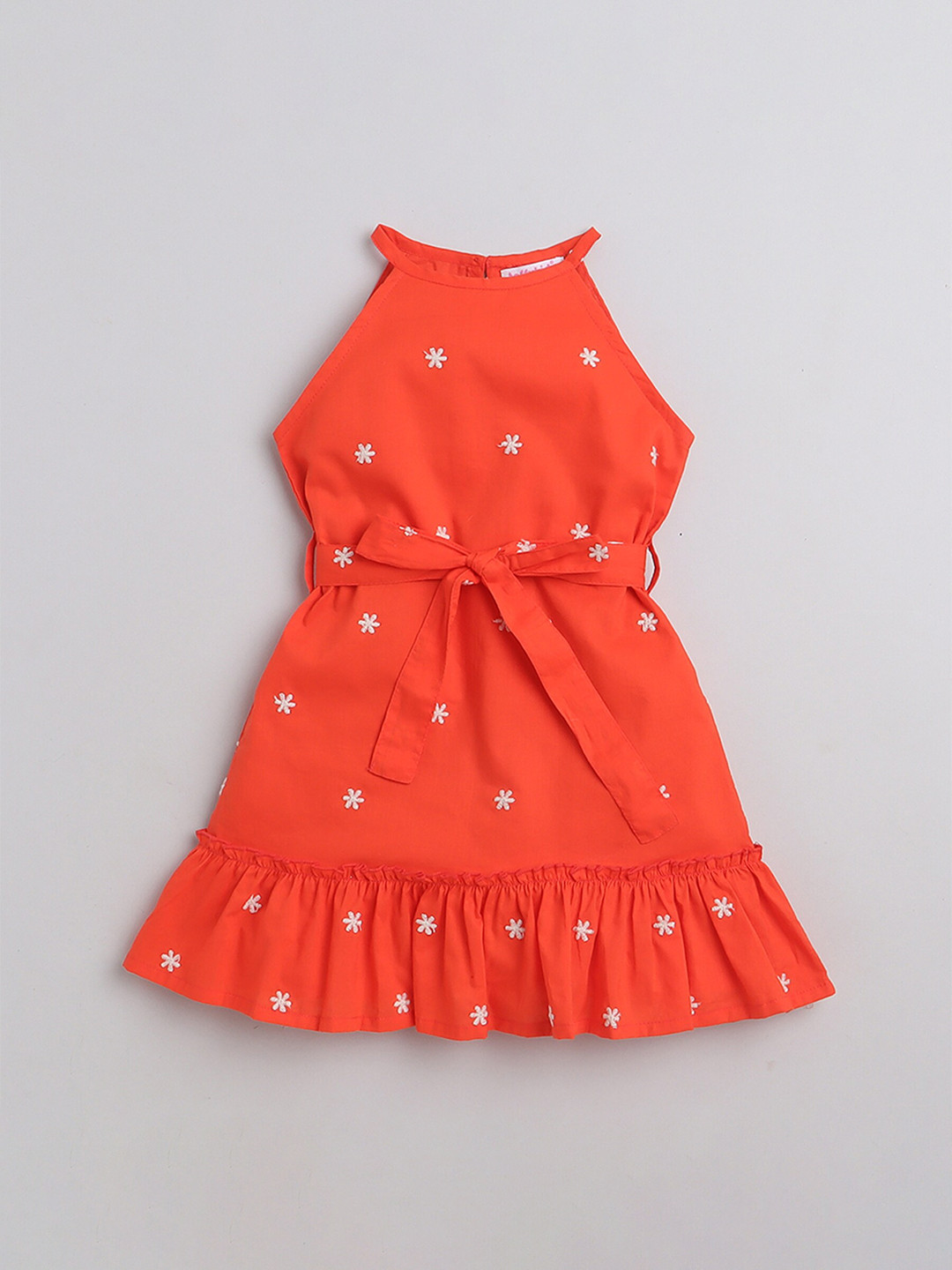 

taffykids Girls Floral Embroidered Detailed Halter Neck A-Line Cotton Dress, Orange