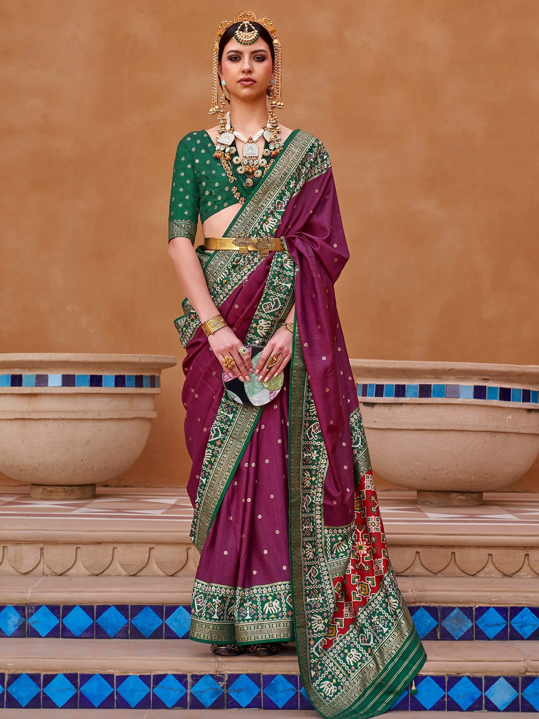 

Mitera Purple & Green Woven Design Zari Saree