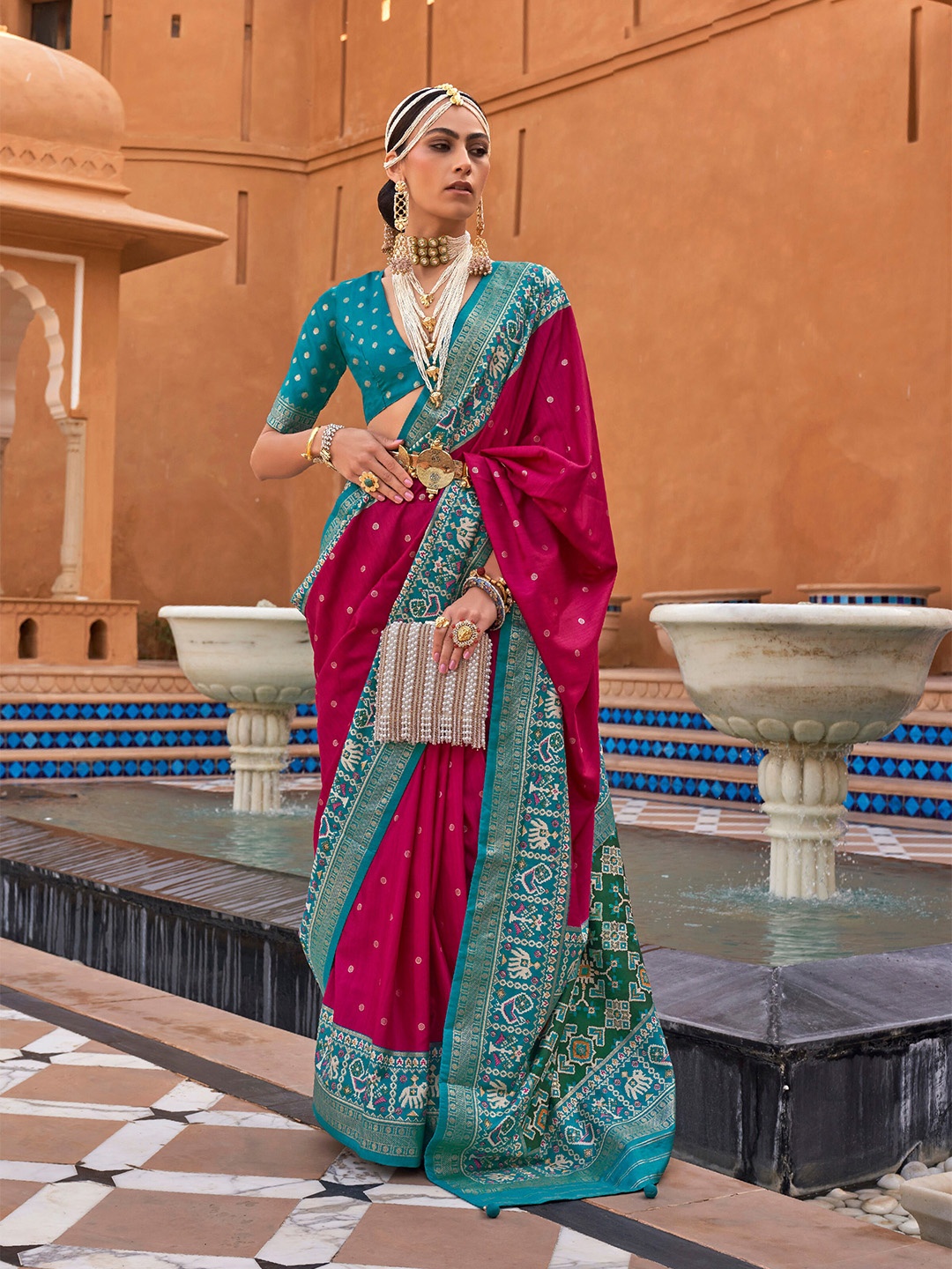 

Mitera Pink & Blue Woven Design Zari Saree